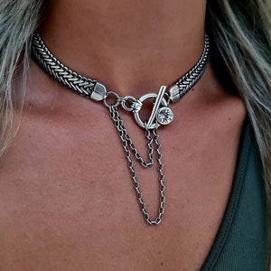 Silver Toggle Necklace - Toggle Necklace - Chain Choker - Chunky Necklace - Thick Chain Choker, Silver Chain Choker, Herringbone Necklace