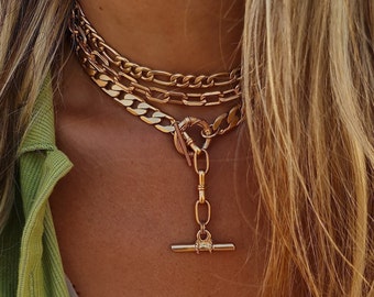 Layered Necklace Set: Gold layering chain choker with Toggle clasp - chunky punk jewelry