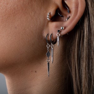 spike Earrings set , Small Dangle Earrings, spike earrings - Second Hole Earrings, Small Huggie Hoop Earrings, black cz Earrings