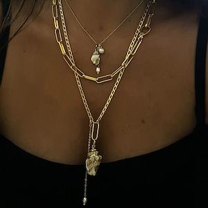 Gold Plated Seashell Lariat Necklace: Chunky Link Boho Jewelry
