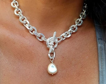 Swarovski Crystal Pearl Necklace, Pearl Necklace, White, Big Pearl Necklace, Silver Pearl Jewelry, Gift Mom, Gift Friend, Necklace Gift