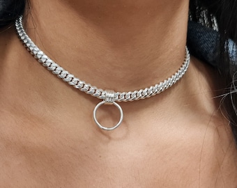 Sterling Silver Curb Chain Necklace, O Ring Choker Necklace, Hoop Necklace, Day Collar Choker Necklace - Curb chain Choker - Gift For Wife