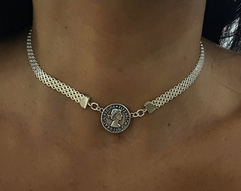 sterling silver medallion necklace , dainty choker Necklace, Snake necklace with coin,  Coin Necklace Silver, Silver Medallion gift for her