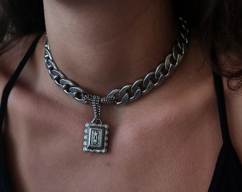 Square Medallion Necklace, Silver Medallion Necklace, Silver Statement Necklace,  Chunky Chain Necklace, Y  Necklace, Wide Chain Necklace