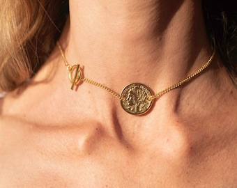 Dainty coin Necklace - toggle Necklace - coin choker necklace - gold Layering Necklace - Ancient Coin Necklace - T bar coin necklace