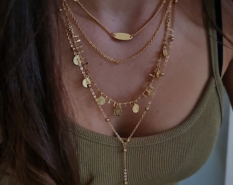 Stacking Chain Necklace, Gold Layer Necklace, Multi Strand Necklace, Coin Charm Necklace - Necklace Set - Y Lariat Necklace - Gift For Her