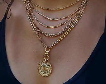 Gold Layer Necklace, Layer Necklace, Multi Strand Jewelry, Statement Layered Necklace, Multi Layer Necklace, Coin Necklace Gift For Her