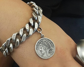 ヴィンテージダマスカスリンクブレスレット：24Kゴールドインレイの