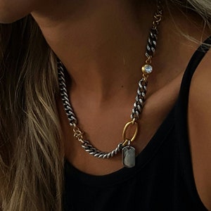 Chunky mixed Metal Link Necklace with Rectangle Disc Pendant: silver gold plated - women's gift
