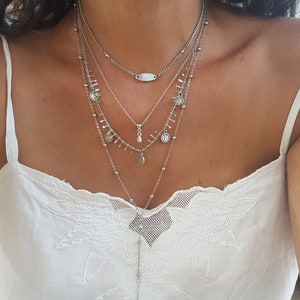 multi strand chain necklace - silver Layer necklace, long lariat necklace, Silver coin charm necklace, statement chains necklace set