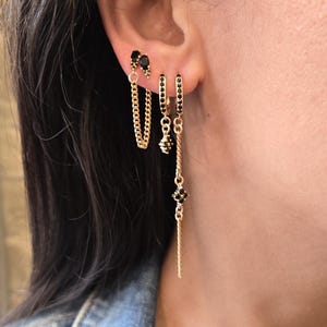 Huggie hoops stack earrings set, Black cz threader earrings, dangle Rectangle hoop earrings, Gold Stacking Earrings, second hole earrings