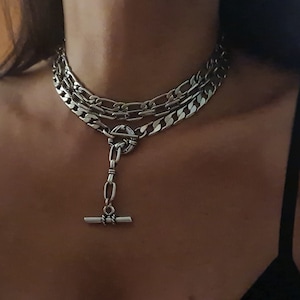 3pcs/set Layered Chunky Choker Necklaces Lock Pendant Chain Necklace Men  Asymmet