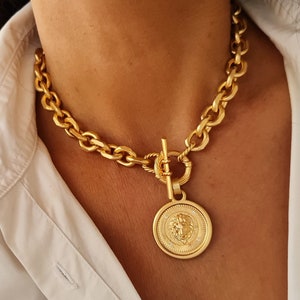 Massive Gold Link Chain With Lion Coin Charm, Statement Necklace With Toggle Clasp, Slip Chunky   Medallion Necklace