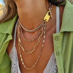 Long Chunky choker Necklace, Layered necklace set, Stacked gold chain Necklace, set of 4 necklace, goth, punk, grunge jewelry