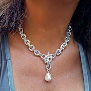 Chunky Link Necklace With Swarovski Crystal Pearl Gift For Women