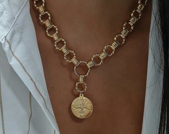 Eagle Necklace - Gold Coin Necklace, Chunky Gold Necklace, Circle Link Necklace, Statement Chunky Necklace, medallion Necklace gift for her