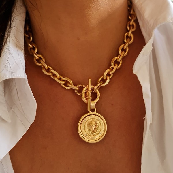 Chunky Link Necklace - Coin Necklace - Toggle Clasp Necklace - Lion Necklace - Statement Link Necklace - T Necklace - Cable Link Necklace