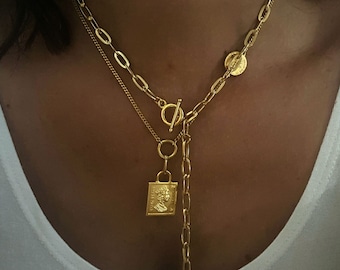 Layered Gold Necklace Set: Y Lariat, Square Coin Charm
