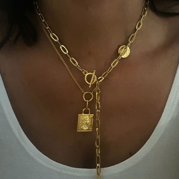 Layered Gold Necklace Set: Y Lariat, Square Coin Charm