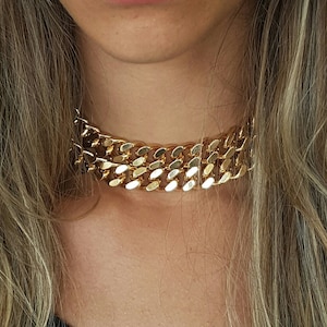 Gold Choker Necklace, Layer Set Necklace, Set Of 2 Necklace, Curb Chain Choker, Statement Chunky Link Necklace, Curb Chain - Chain Choker