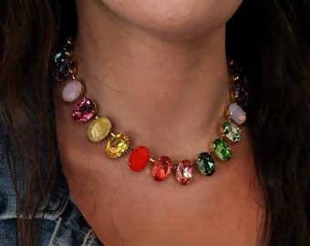 Collana con strass di tendenza, collana CZ multicolore, collana di cristalli Swarovski, collana di zirconi arcobaleno, collana di diamanti grandi