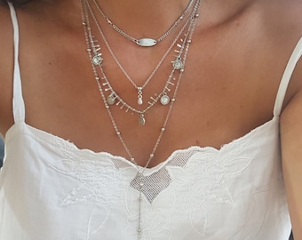Silver Layered Necklace: Coin Charm Multi-Strand Lariat