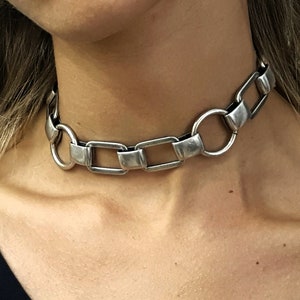 Chunky Rectangle link choker Necklace, Statement choker collar, oxidized silver O ring choker, goth, punk, gothic, grunge jewelry