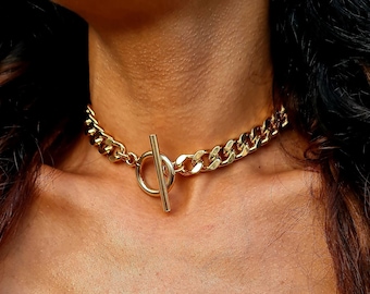 Gros collier gourmette en or, collier massif à maillons cubains, collier à bascule tendance, gothique, gothique, punk, bijoux grunge