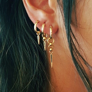 gold spike Earrings set , Small Dangle Earrings, Second Hole Earrings, Small Huggie Hoop Earrings, Tiny gold set Earrings