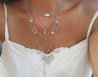 Silver Multi Strand Lariat Necklace with Coin Charms