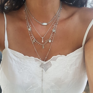Silver Multi Strand Lariat Necklace with Coin Charms