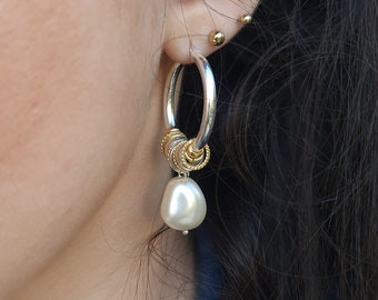 Pearl Hoops Earring, Statement Hoops Earring, Swarovski Baroque Pearl Earrings,  Dangle Earrings with Pearl, Pearl Teardrop earring For Her