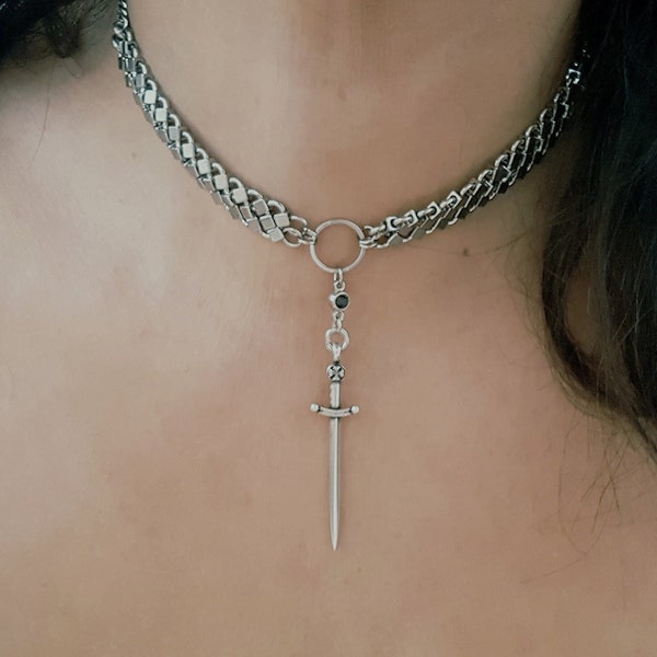 Silver Sword Choker Pendant Necklace Witchy Gothic Jewelry Medieval Sword Necklace Jewelry Findings