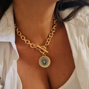 Chunky Gold Lion Medallion Necklace: Mixed Metal Cable Chain