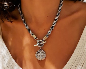 Fette Münzkette: Adler-Anhänger mit Kordelkette & Knebelverschluss vorne - Unisex Geschenk