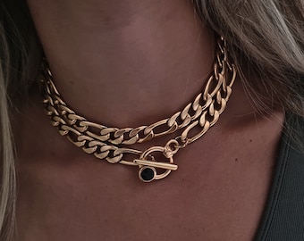 Two Strands Bold Chain Necklace - Massive Solid Chains Necklace - Layer Statement Necklace - Set Of 2 Necklace - Gold Toggle Necklace-