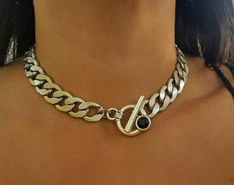 Silver Toggle Necklace For Women, Thick, wide Link necklace, Statement chunky Necklace, Large Chain Choker, Silver Chunky Necklace,