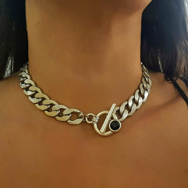 Silver Toggle Necklace For Women, Thick, wide Link necklace, Statement chunky Necklace, Large Chain Choker, Silver Chunky Necklace,