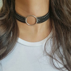 Silver O Ring Choker Necklace - Multi Strand Necklace - Black & Silver Layer Necklace - Stacking Chain Necklace - Rock Style Choker Necklace