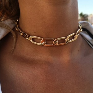 Rectangle link necklace - Gold Choker Necklace -  Solid Link Necklace - Curb Choker, Chunky Gold Choker - Rock Style Thick Choker