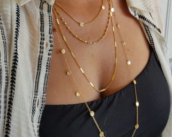 gold layering necklace with dangling charm - Long layered necklace set