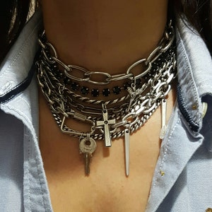 Rock style layer link necklace for womens - silver massive charms necklace