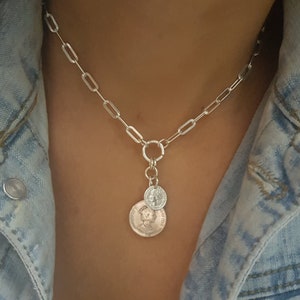 Silver coin necklace - silver link necklace -  boho coin necklace - medal necklace