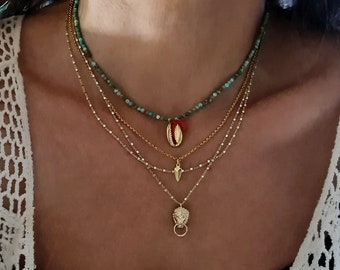 Gold & silver layered necklace set, layering necklace, Satellite Chain necklace - lion charm necklace - gold Cowrie Shell charm Necklace
