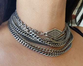 multi strand necklace - silver statement necklace - chunky geometric necklace - layer chains choker