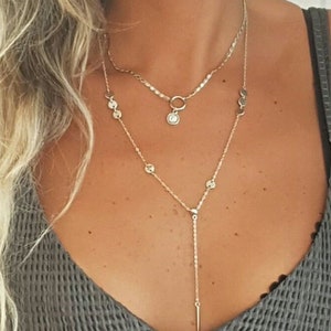 silver coin necklace set - long dainty necklace - layered boho necklace - delicate charm necklace - y lariat coin necklace - gift for women