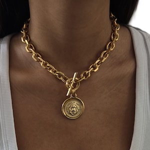 Coin Necklace:  Gold chunky Lion medallion with cable chain & Toggle clasp - Leo jewelry
