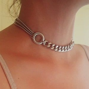 Silver Chain Choker, O ring choker Necklace, Chunky Silver Necklace, Multi Chain choker, Statement Silver Collar, Chunky Chain Collar