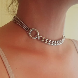 Silver Chain Choker, O ring choker Necklace, Chunky Silver Necklace, Multi Chain choker, Statement Silver Collar, Chunky Chain Collar