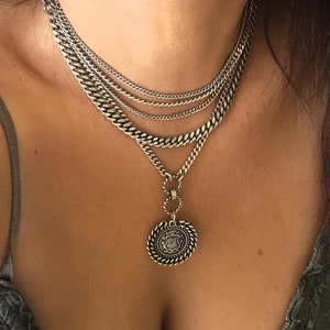 Layered Coin Pendant Necklace set, Multi Strand Necklace, Unique Silver Medallion Necklace, Chunky Layer Chain Necklace For Everyday